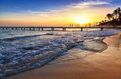 Fototapeta Morze Karaibskie zachód słońca na plaży z palmami.